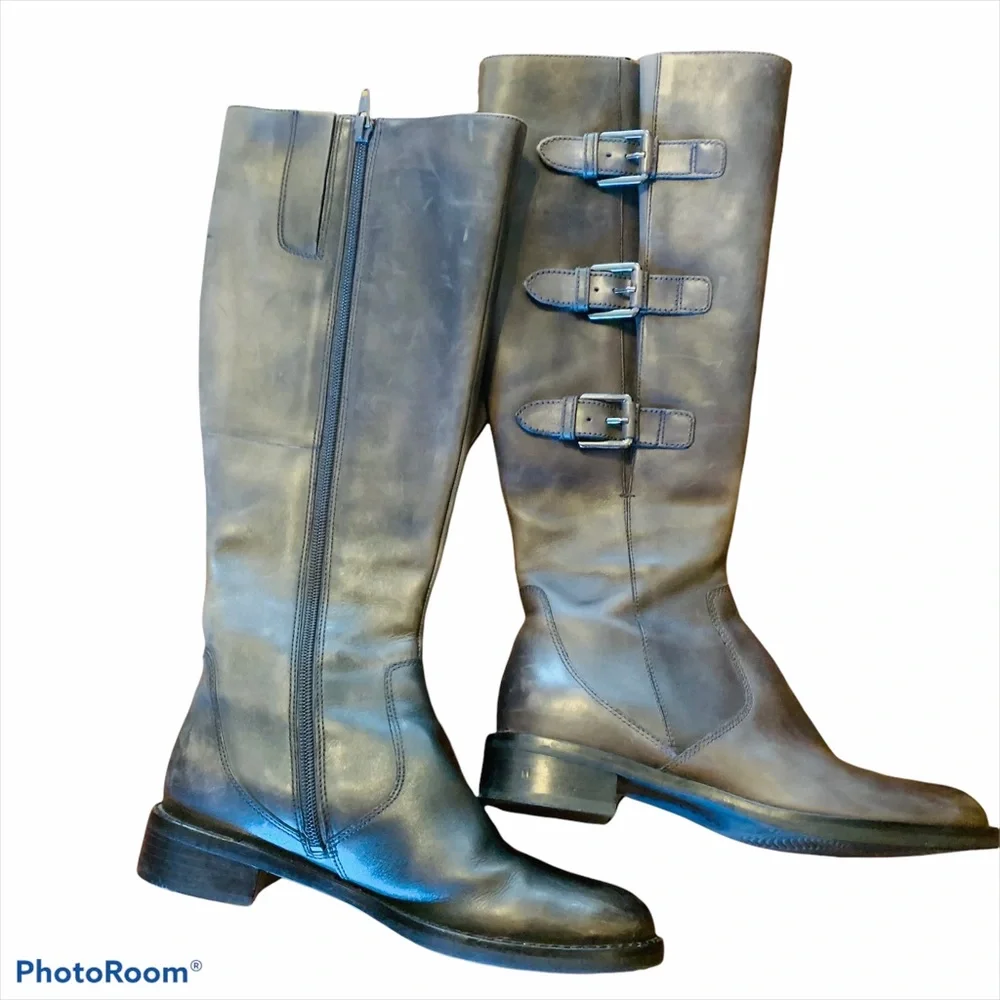 Ecco Hobart Gray Tall Leather Block Heel Boots